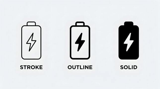 Lightning Bolt Battery Icons Showing Stroke, Outline, and Solid Styles