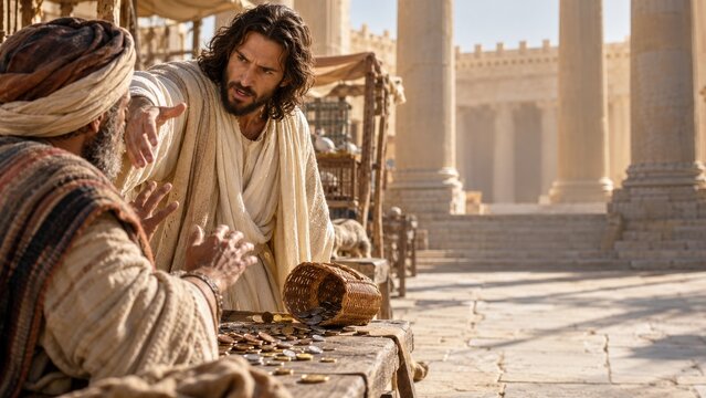 Jesus confronts money changers at the temple in a Biblical scene. New Testament story of the cleansing of the temple. Religious teaching, sacred history and faith. Ancient marketplace