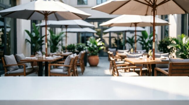 Elegant Outdoor Restaurant Patio With White Table In Foreground For Hospitality Marketing