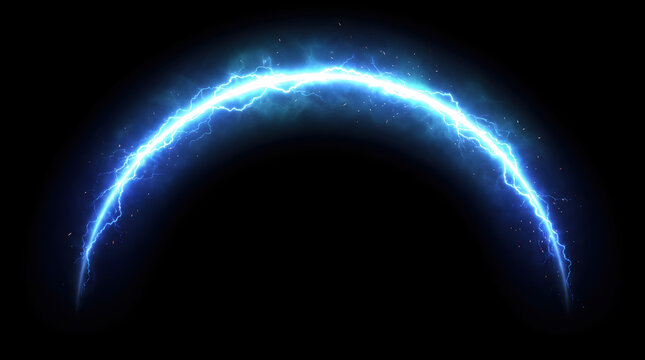 Blue electric lightning arc, glowing plasma energy curve, cinematic power surge effect, vibrant electrical discharge on black background