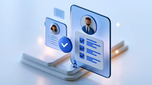 3d render of an AI human resource recruitment platform interface on a bright background showing automated candidate profile screening and a resume approval checklist for efficient