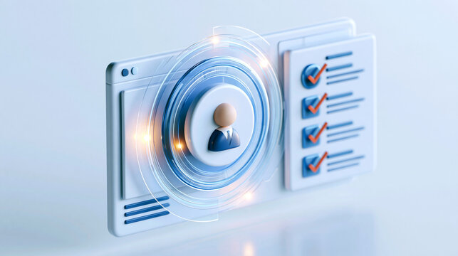 3d render of an AI human resource recruitment platform interface on a bright background showing automated candidate profile screening and a resume approval checklist for efficient