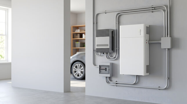 Home Energy Storage System With Wall Mounted Battery Unit Hybrid Inverter and Circuit Breaker Panel in Garage Interior