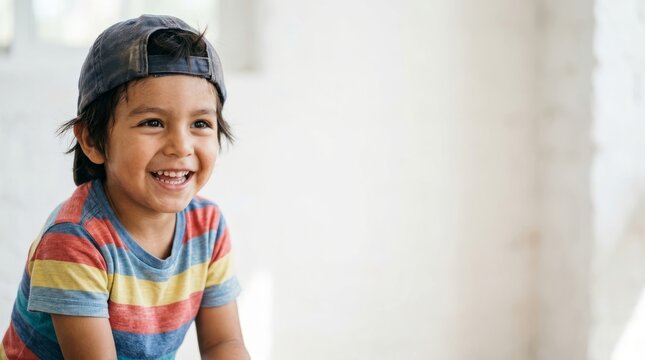 A child of Latin descent, smiling, wearing a colorful striped T-shirt and a cap worn backwards.