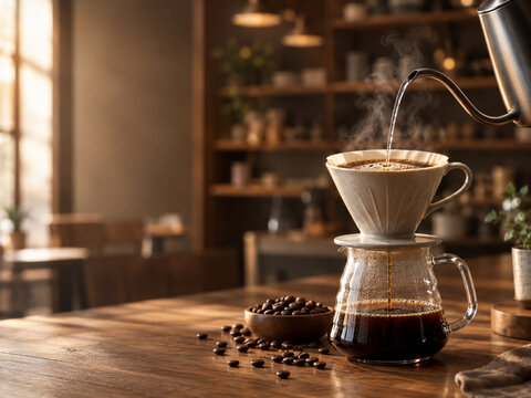 Barista pouring hot water over fresh ground coffee filter with steam and glass carafe