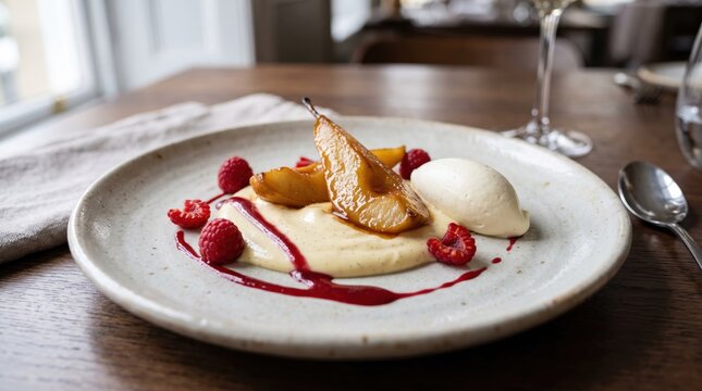 Poached pear dessert with vanilla cream and raspberries on a plate. Gourmet fine dining dessert for restaurant menus, culinary blogs, and luxury hospitality marketing.