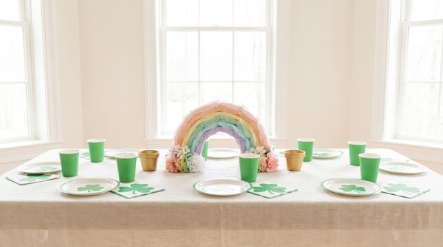 Saint Patricks Day party table centerpiece with rainbow and shamrocks. Festive Irish holiday celebration setting for family gathering, spring event styling, and seasonal decor.