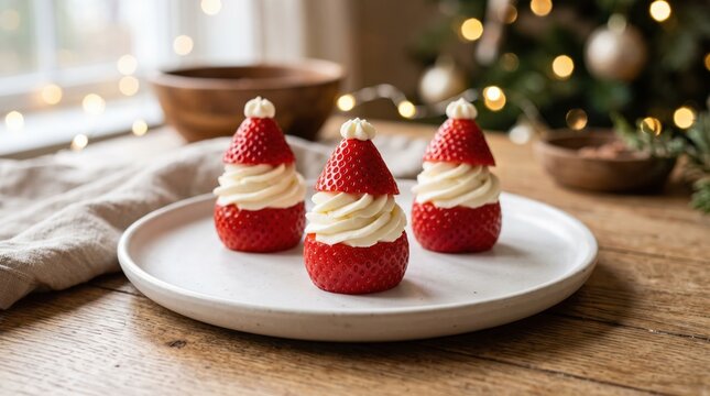 Strawberry Santa hat treats made with cream on a plate. Festive Christmas dessert idea for holiday party catering, family baking, and joyful winter celebrations.