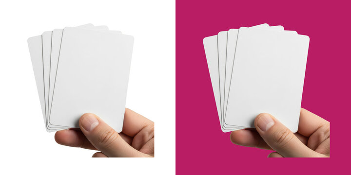 Person holding blank white playing cards in a hand for game design mockups transparent png