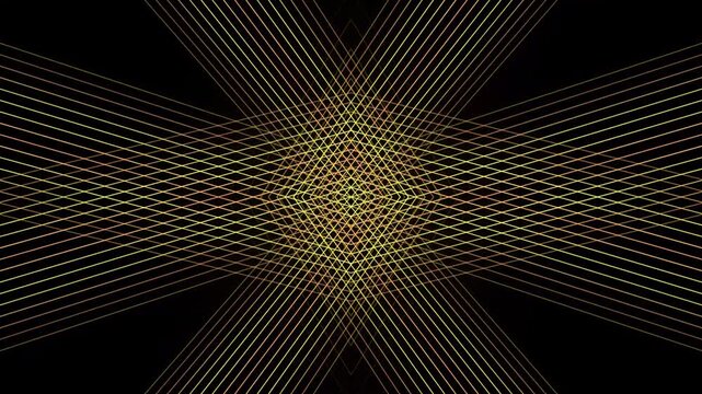 Abstract digital geometric line art design featuring complex intersecting yellow and orange linear patterns on a black background