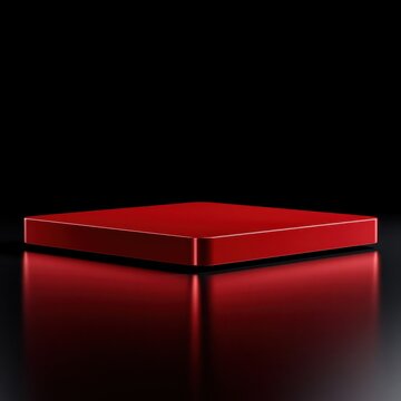 Sleek minimalistic red platform with smooth edges reflecting on a glossy black surface against a dark background, showcasing modern design elegance