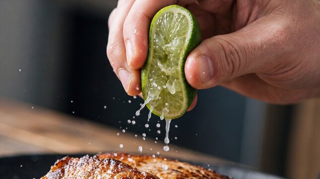 Hand squeezing fresh lime wedge over grilled salmon fillet
