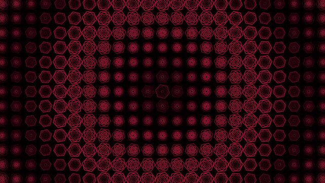 Abstract geometric pattern with repeating red pentagonal rose shapes on a dark black background, creating a hypnotic and symmetrical digital art design