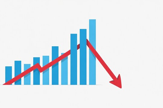 Bar chart with upward trend followed by sharp downward red arrow graph data statistics finance