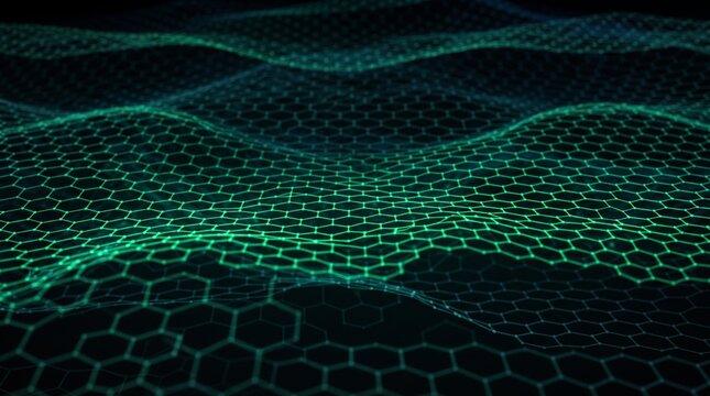 Glowing green hexagonal data network surface with abstract wave