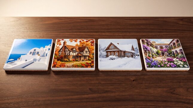 Architectural Coasters, Four ceramic coasters display global architecture across the four seasons