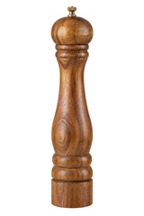 Tall, elegant wooden pepper mill with a brass knob stands vertically on a clean white background, showcasing its rich texture and classic design © no one