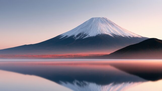 Serene sunrise over a snow-capped mountain with calm lake reflection and soft pastel sky creating a peaceful and tranquil natural landscape scene