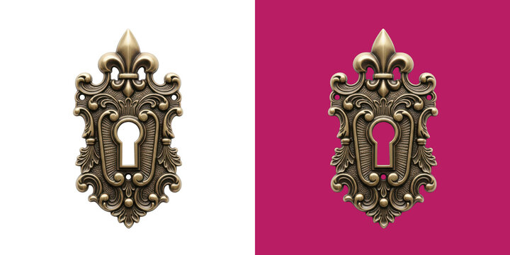 Vintage ornate metal keyhole cover plate with classic detailed bronze scrollwork transparent png