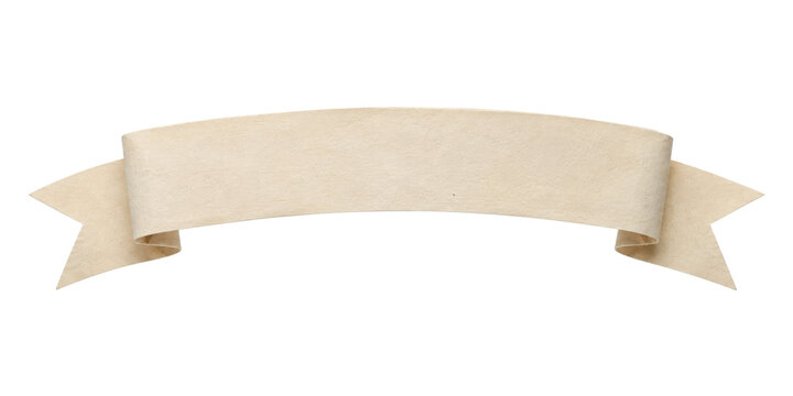 Elegant blank beige paper ribbon banner with textured surface, gently curved, isolated on a clean white background
