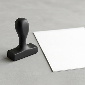 Minimalist black rubber stamp sits on grey table beside blank paper sheet.