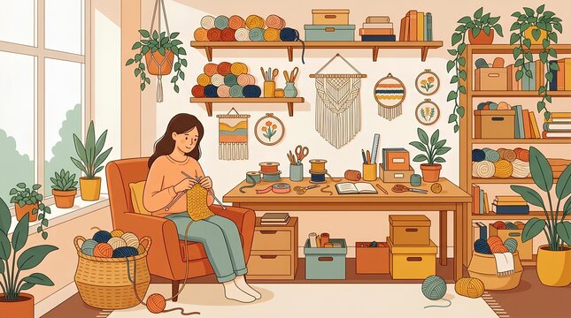 Lofi style illustration of a female crafter knitting in a cozy room with macrame and yarn