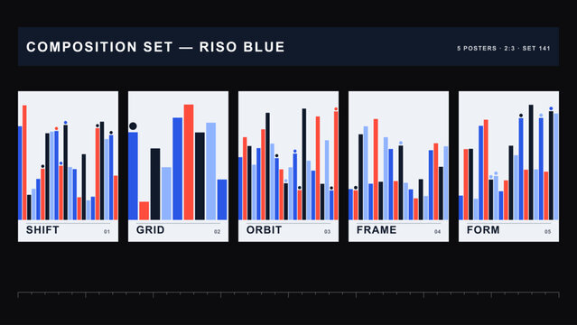 Composition set riso blue featuring five vertical posters with abstract bar charts in blue, red, and black on a light grey background