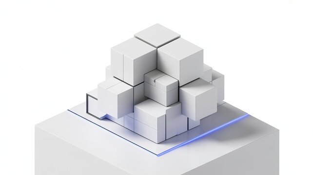 White cubes stacked in abstract geometric formation with blue neon accents 3d render blocks