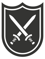 Fototapeta premium Retro shield. Warfare symbol. Battle black icon