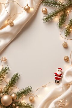 Fondo navide&ntilde;o premium con Pap&aacute; Noel, regalos verdes y decoraci&oacute;n dorada alrededor del borde