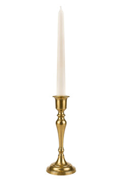 Tall, elegant white taper candle stands upright in a polished brass candlestick, isolated on a clean white background