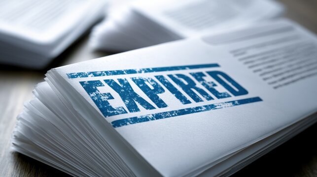 Stack of official documents marked with worn blue stamp indicating expiration, symbolizing outdated or invalid papers on a wooden desk