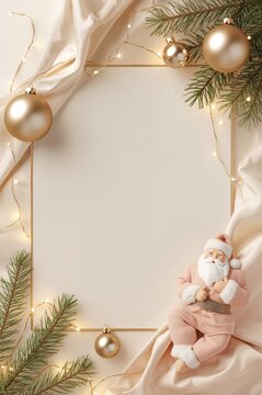 Pap&aacute; Noel junto a regalos navide&ntilde;os con lazos dorados y ramas de abeto sobre fondo claro