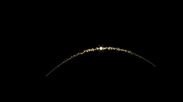 Abstract golden particles forming a curved trajectory on a black background