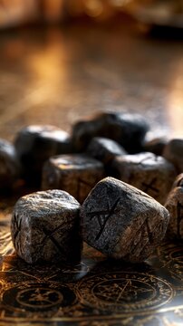 Ancient stone dice with mysterious runic symbols resting on a golden engraved surface under warm ambient lighting creating a mystical atmosphere