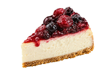 Delicious slice of cheesecake with a vibrant mixed berry topping and a crumbly biscuit base, isolated on a clean white background © no one