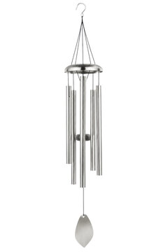 Elegant silver metal wind chimes with five tubular bells hang vertically on a bright white background