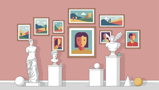 Fine art gallery interior features landscape paintings and classical statues displayed on white pedestals.