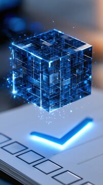 Futuristic floating transparent blue cube with glowing digital particles above a checklist and illuminated checkmark symbolizing technological innovation and pr