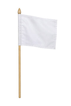Small white fabric flag on a wooden stick, isolated against a clean white background, symbolizing surrender or peace