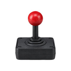 Classic black arcade joystick with a bright red ball top, featuring a textured base and visible screws, isolated on a clean white background © no one