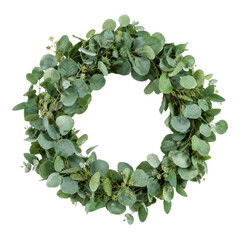 Beautiful artificial green eucalyptus wreath with delicate leaves and small buds, captured on a clean white background with soft, even lighting © no one