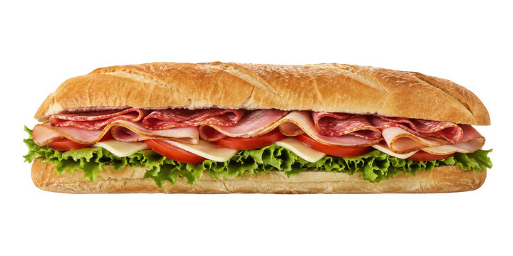 Delicious fresh submarine sandwich filled with various deli meats, cheese, lettuce, and tomatoes, isolated on a clean white background