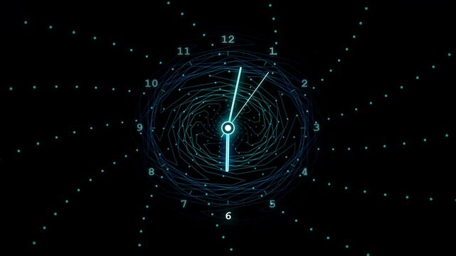 Futuristic Glowing Blue Clock Face With Swirling Geometric Patterns And Digital Design Elements