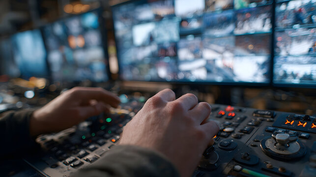 Focused medium shot capturing a VR sports directors hands adjusting feed controls while the surrounding blurred monitors and cables create an immersive courtside broadcast