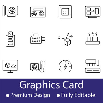 Computer hardware line icons, cpu cooler gpu graphics card processor thermal management and 3d rendering outline symbols set