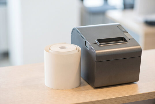 Roll of blank thermal paper beside a receipt printer