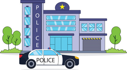 Police Station with Patrol Car, Law Enforcement and Public Safety Flat Vector Illustration © Shahid