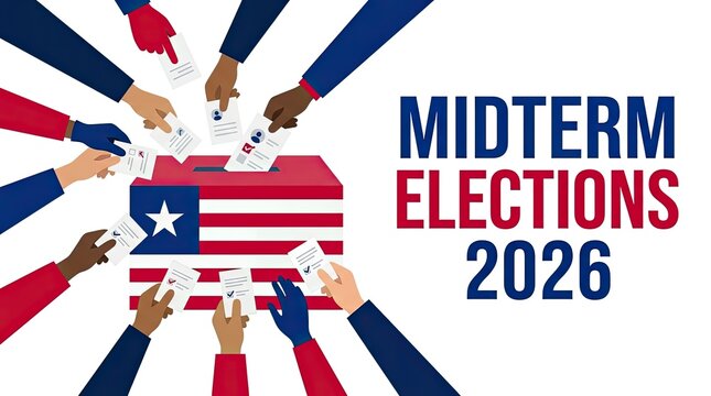 Diverse hands casting ballots into a voting box for the 2026 midterm