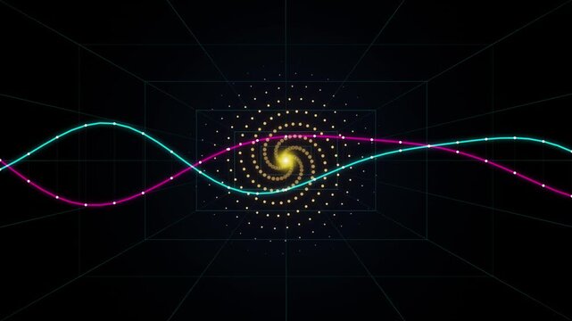 Neon wave lines undulating across a futuristic digital space with central spiral galaxy pattern